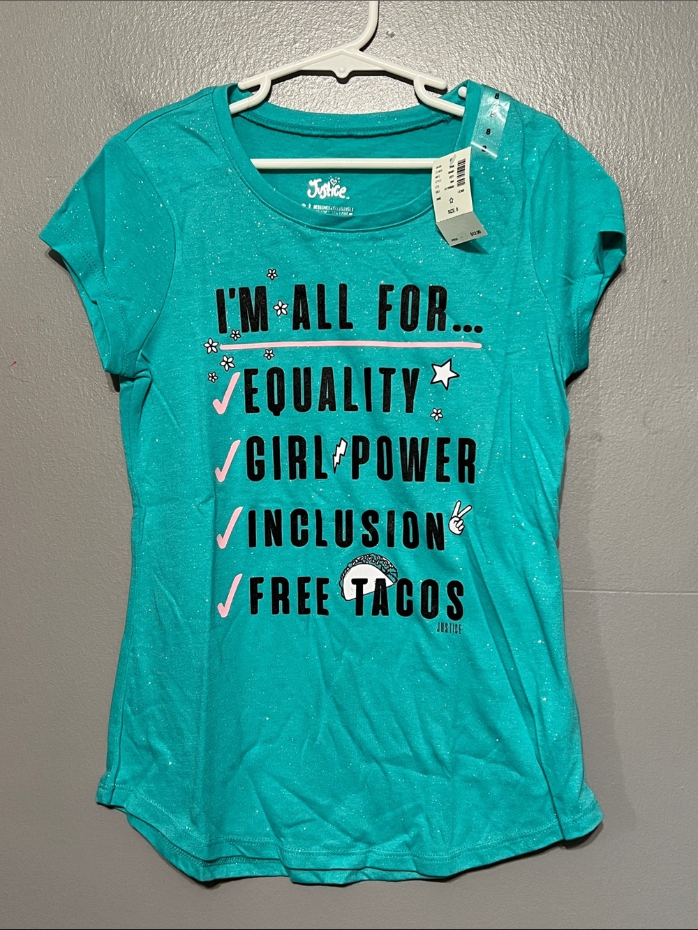 Justice Teal Graphic Word Tee Girl’s 8 Short Sleeve T-Shirt